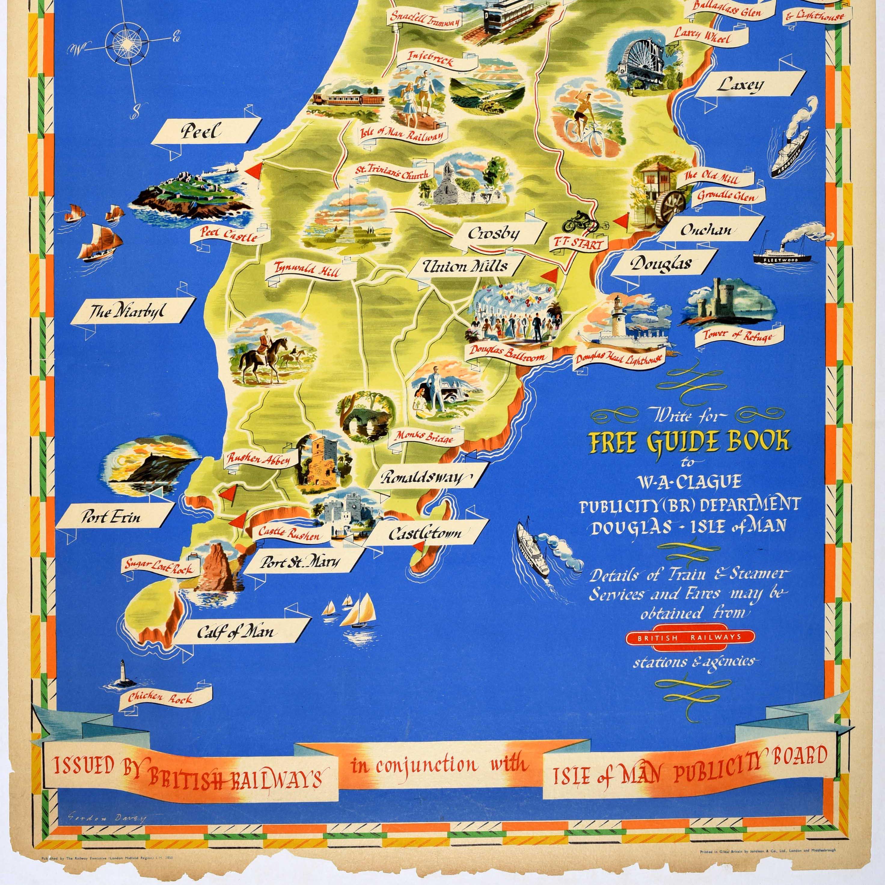 Original vintage travel map poster for the Isle of Man issued by British Railways in conjunction with Isle of Man Publicity Board featuring a pictorial map annotated with names of towns and illustrations of local points of interest including the