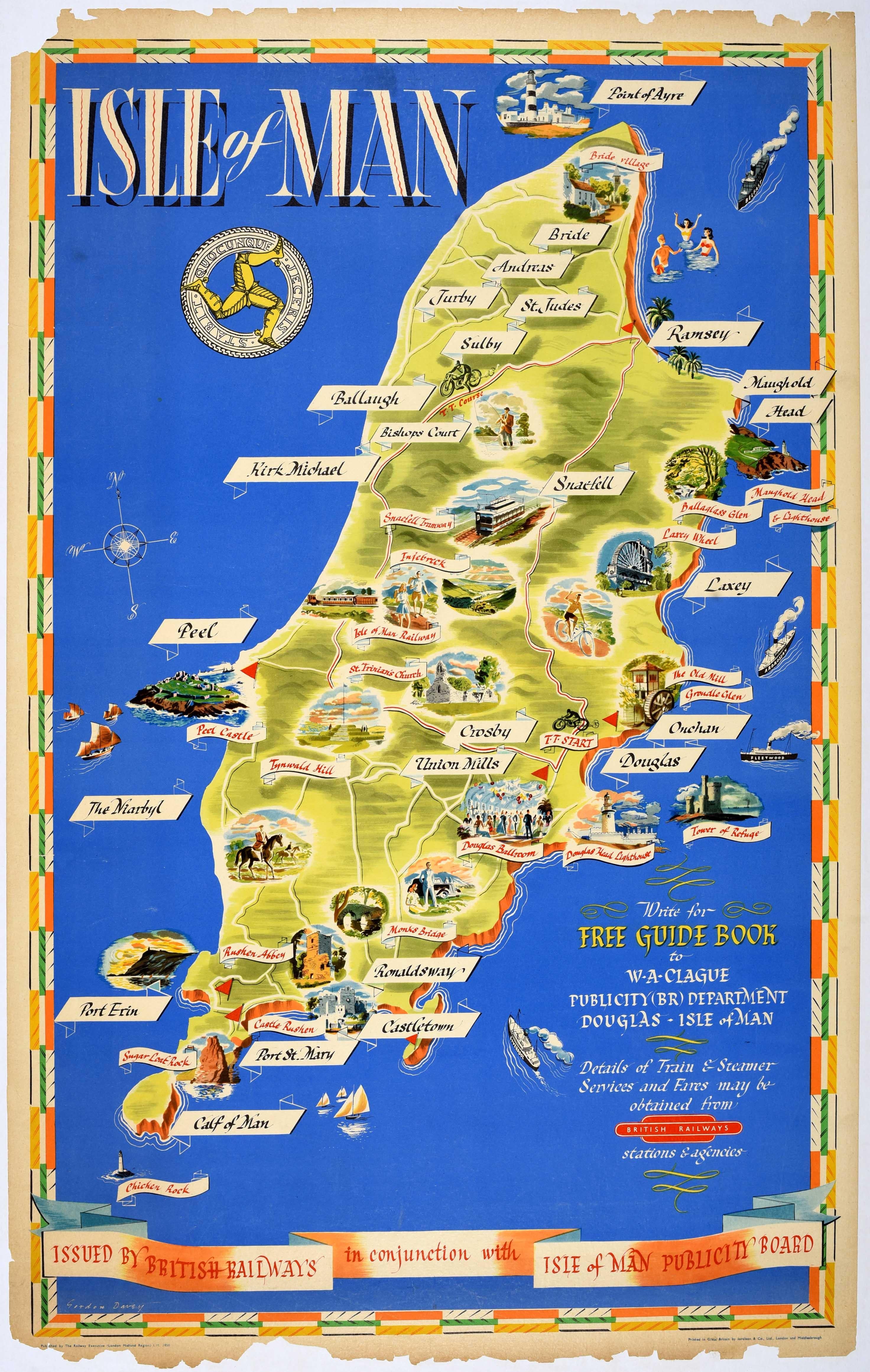 Unknown Print - Original Vintage Train Travel Map Poster Isle Of Man British Railways UK Manx