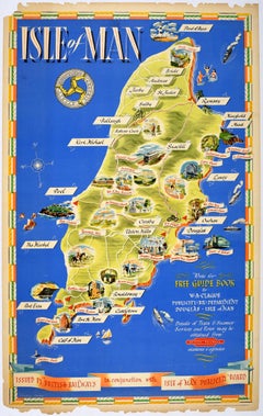Original Vintage Train Travel Map Poster Isle Of Man British Railways UK Manx