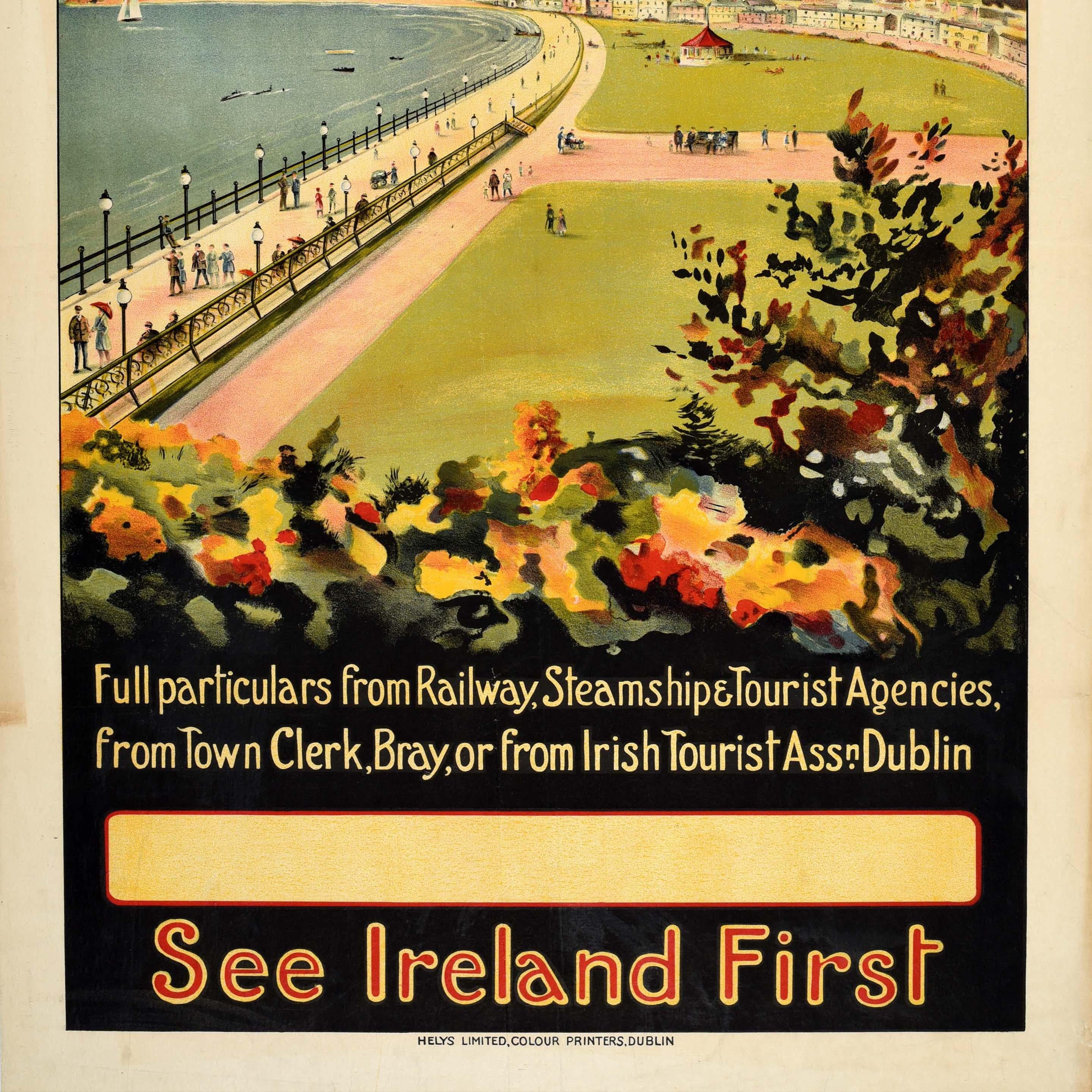 Original vintage train travel poster - Bray for Better Holidays See Ireland First - featuring people enjoying a walk along the seafront promenade and beach in the resort town of Bray in County Wicklow Ireland with the Victorian bandstand on the