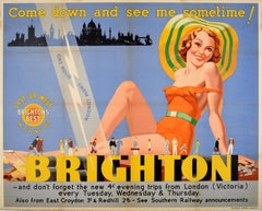 Original Vintage Train Travel Poster Brighton Come Down London Seaside Resort