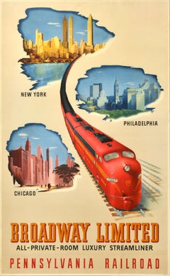 Original Vintage Train Travel Poster Broadway Limited Pennsylvania Railroad USA