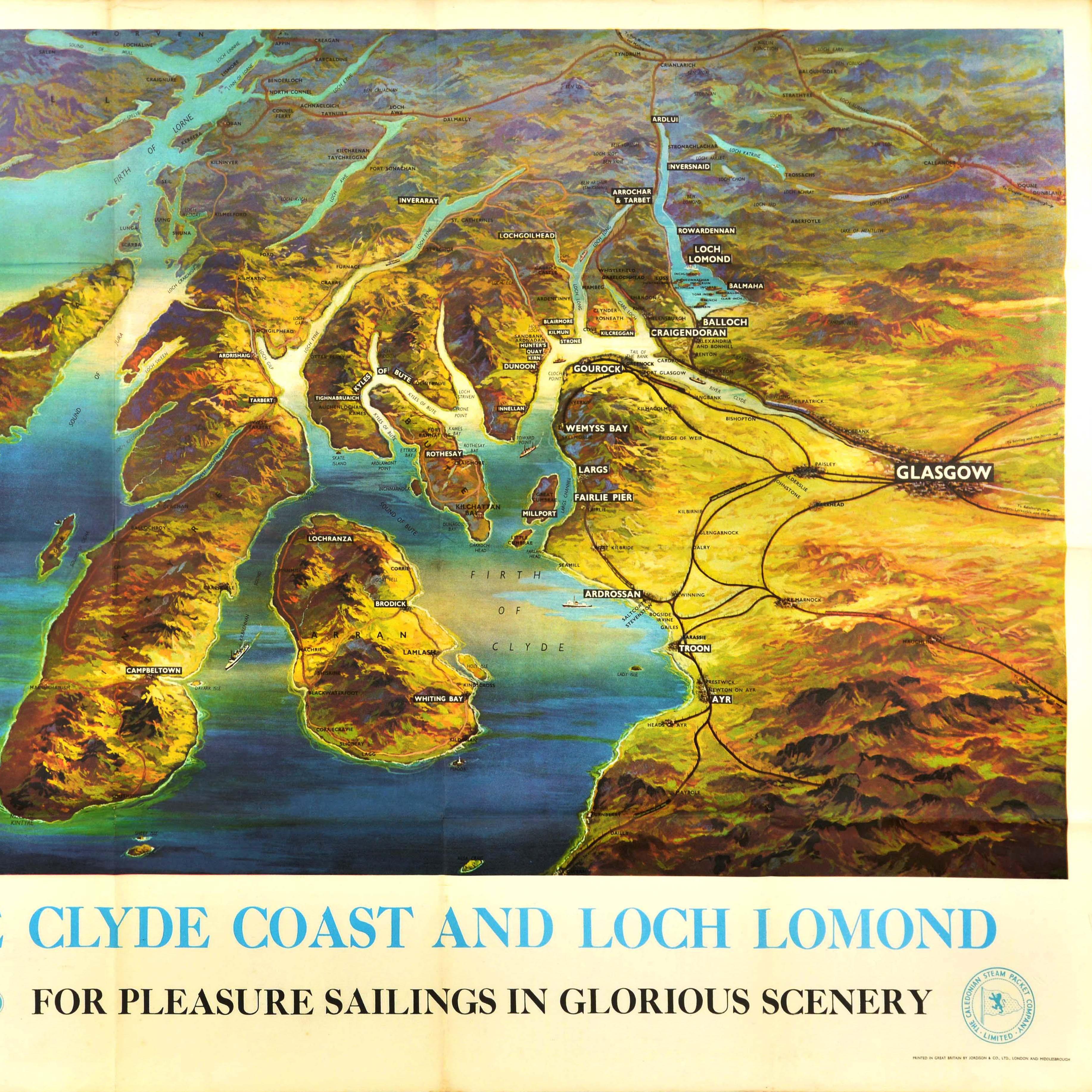 Original vintage train travel poster for The Clyde Coast and Loch Lomond British Railways For pleasure sailings in glorious scenery The Caledonian Steam Packet Company Limited featuring a topographical map of the rail routes and ferry crossings in