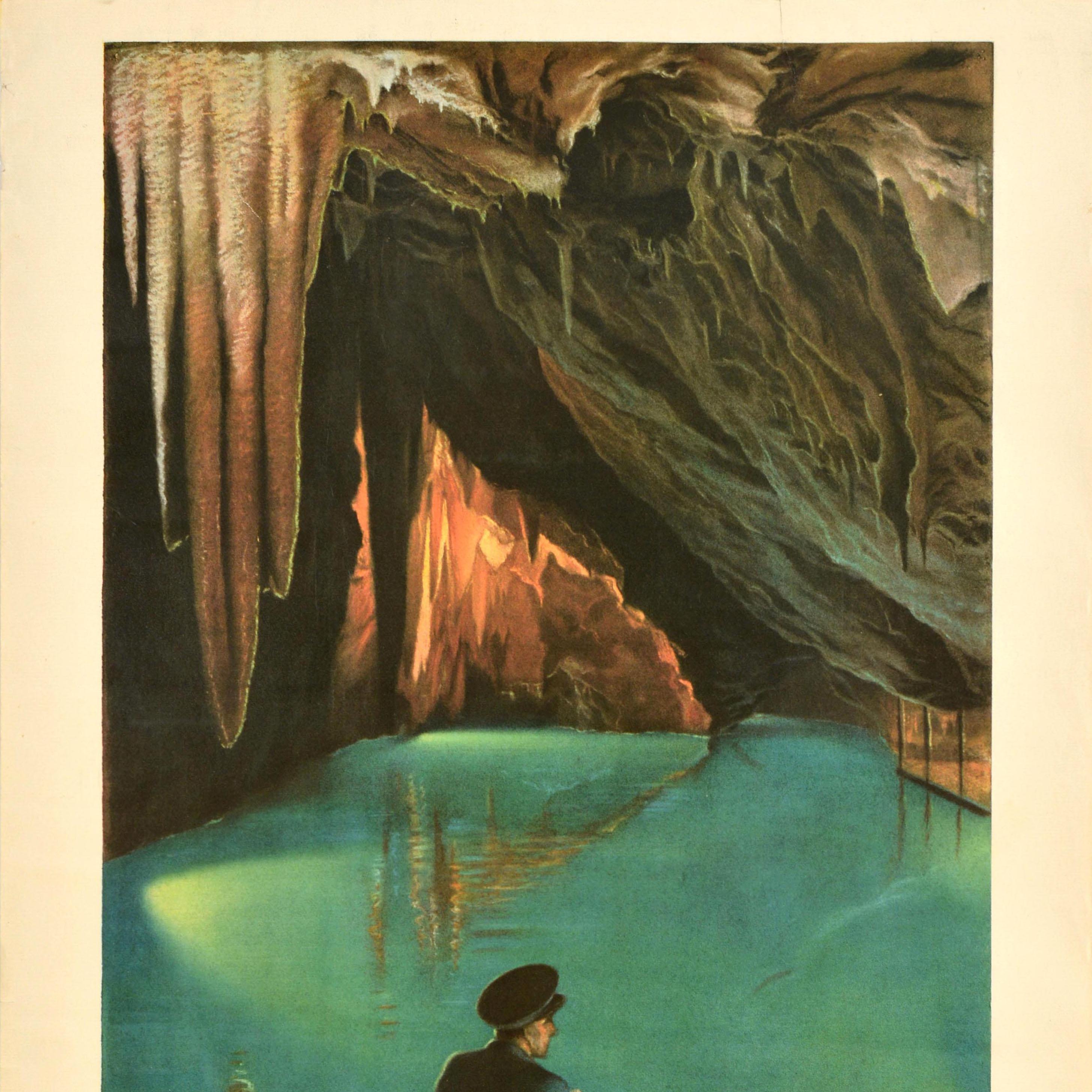 Original Vintage Zug-Reiseplakat Macocha Cave Tschechoslowakei Staatliche Eisenbahnen, Tschechoslowakei (Schwarz), Print, von Unknown