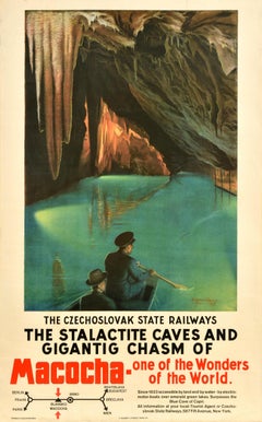 Original Vintage Train Travel Poster Macocha Cave Czechoslovak State Railways