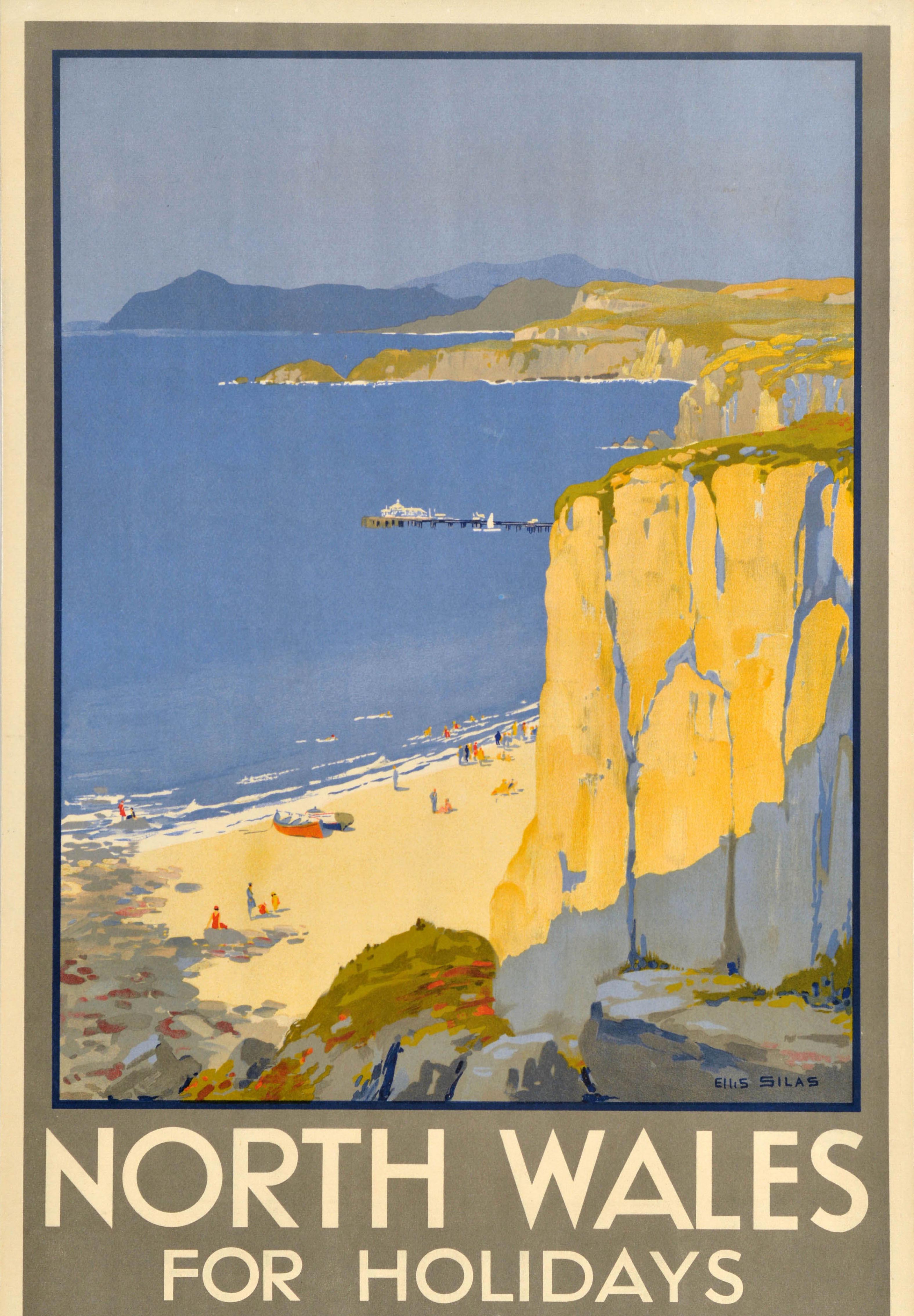 Original vintage LMS train travel poster - North Wales for Holidays cheap tickets and illustrated folder from the London Midland & Scottish Railway - featuring the text below a scenic view by the British artist Ellis Luciano Silas (1885-1972) of the