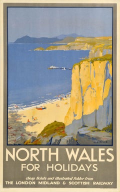 Original Vintage Train Travel Poster North Wales For Holidays LMS Railway Coast