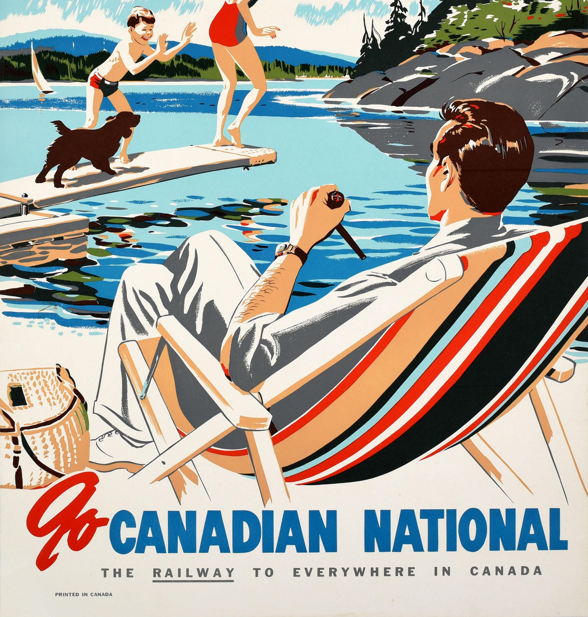 Original vintage train travel poster - Enjoy Summer in Canada Go Canadian National The Railway to Everywhere in Canada. Fun and colourful summer holiday image of a happy family by a lake, the laughing young boy about to push his mother into the calm