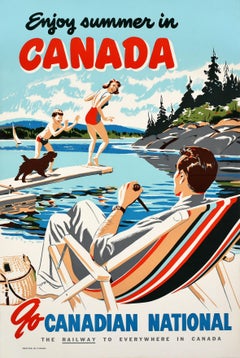 Affiche vintage originale de voyage en train, Été au Canada, Chemin de fer national canadien