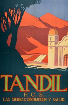 Original Vintage Train Travel Poster Tandil Health Retreat Argentina Art Deco