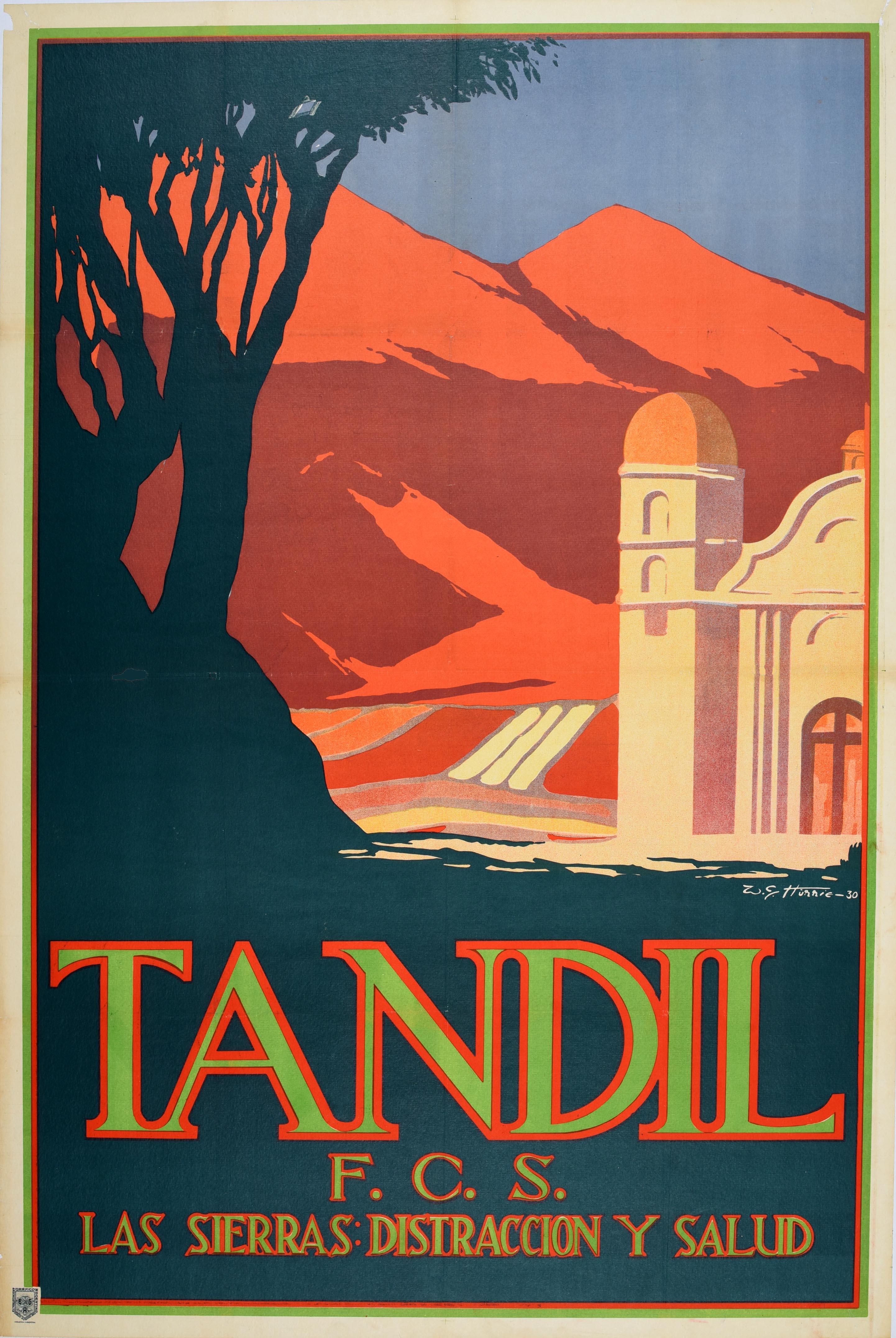 Unknown Print - Original Vintage Train Travel Poster Tandil Health Retreat Argentina Art Deco