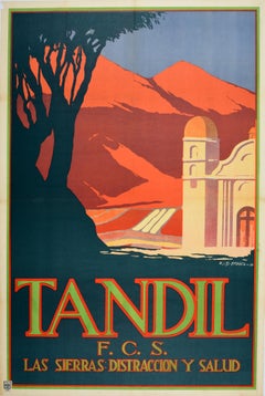 Poster originale di viaggio in treno d'epoca Tandil Health Retreat Argentina Art Deco