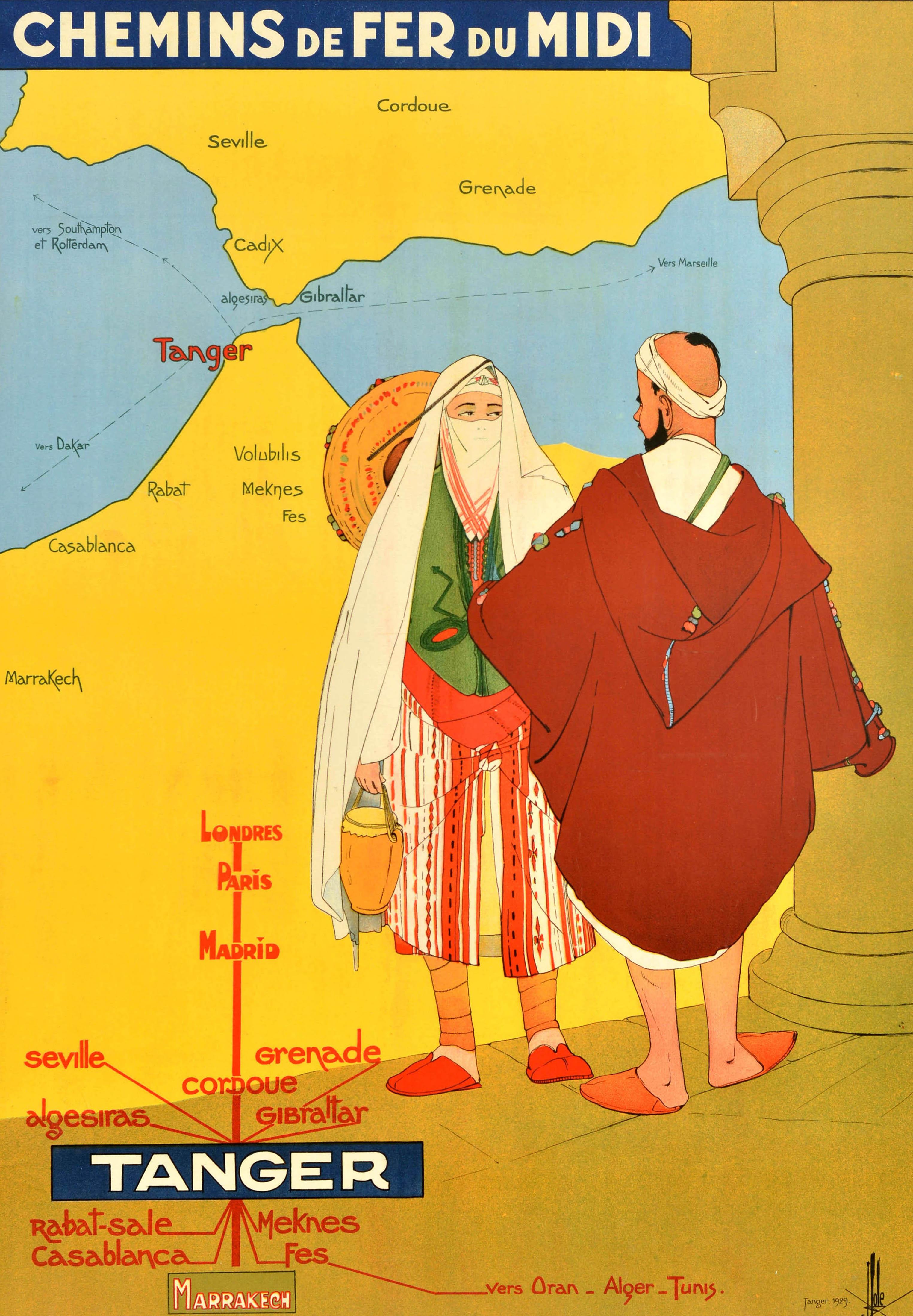 Affiche vintage originale de voyage en train Tanger Maroc Chemins De Fer Du Midi - Print de Unknown