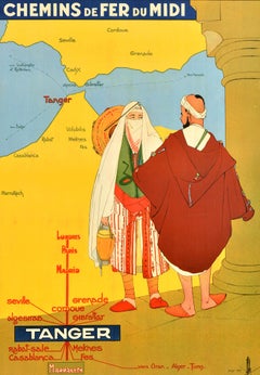Affiche vintage originale de voyage en train Tanger Maroc Chemins De Fer Du Midi
