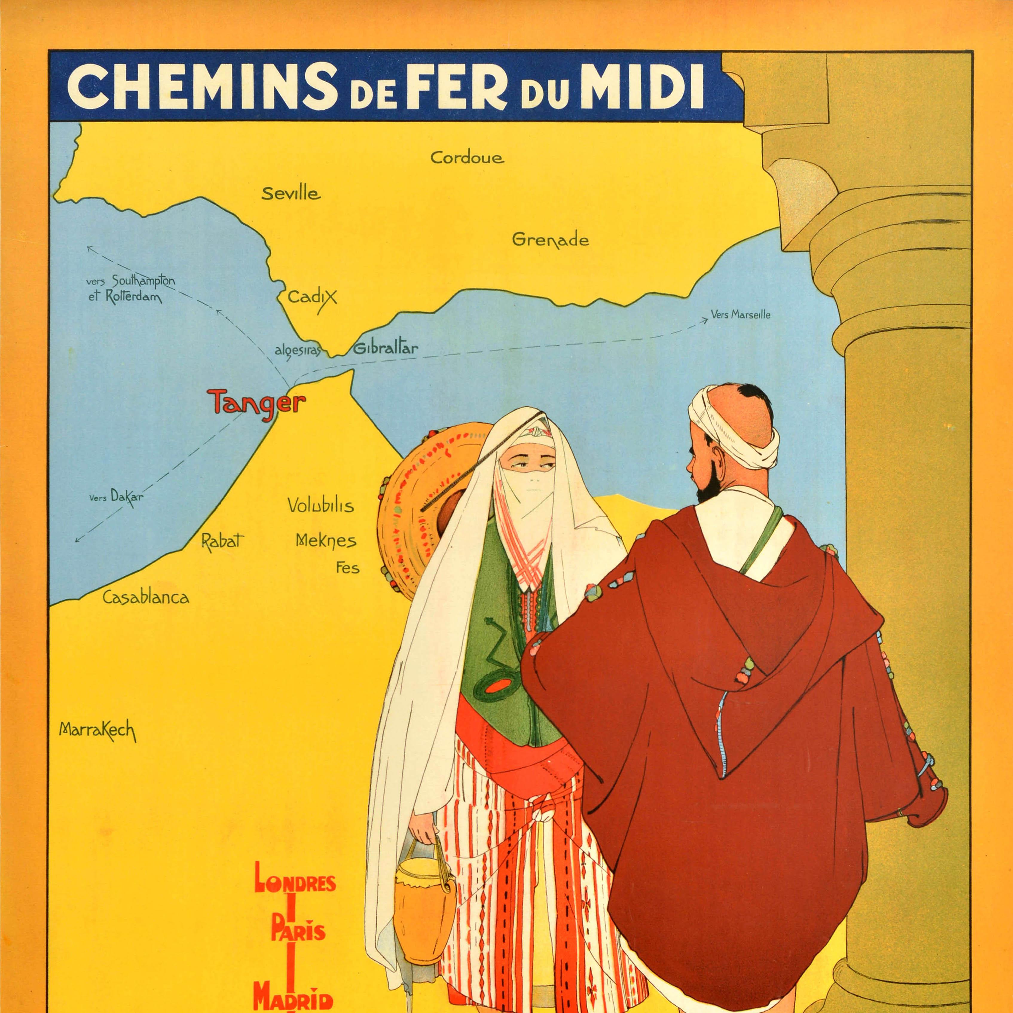 Affiche vintage originale de voyage en train Tanger Maroc Chemins De Fer Du Midi - Orange Print par Unknown