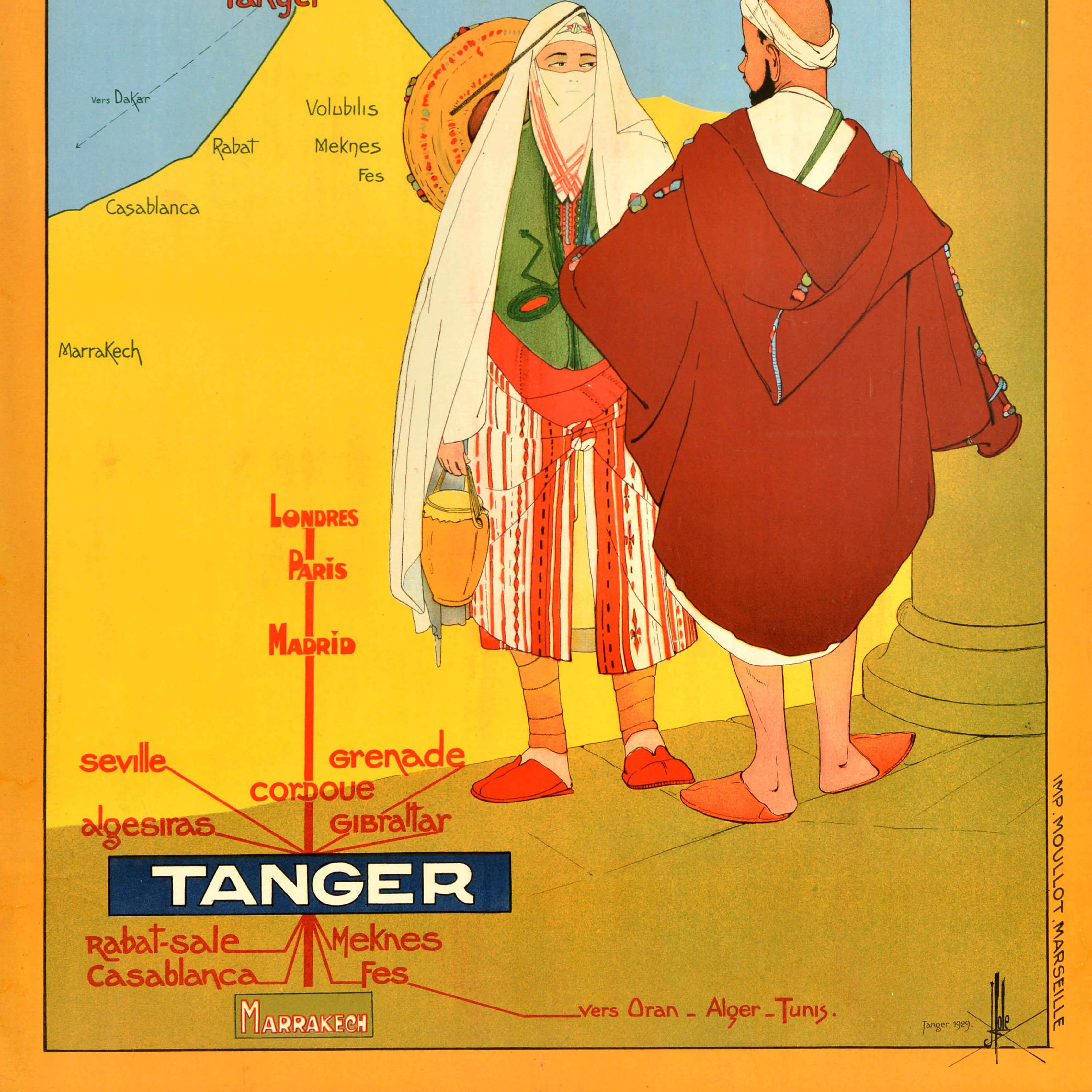 Affiche originale de voyage en train faisant la publicité de la compagnie ferroviaire des Chemins de Fer du Midi à destination de Tanger au Maroc. Elle comporte une illustration colorée d'une femme et d'un homme en vêtements traditionnels à côté