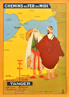 Affiche vintage originale de voyage en train Tanger Maroc Chemins De Fer Du Midi
