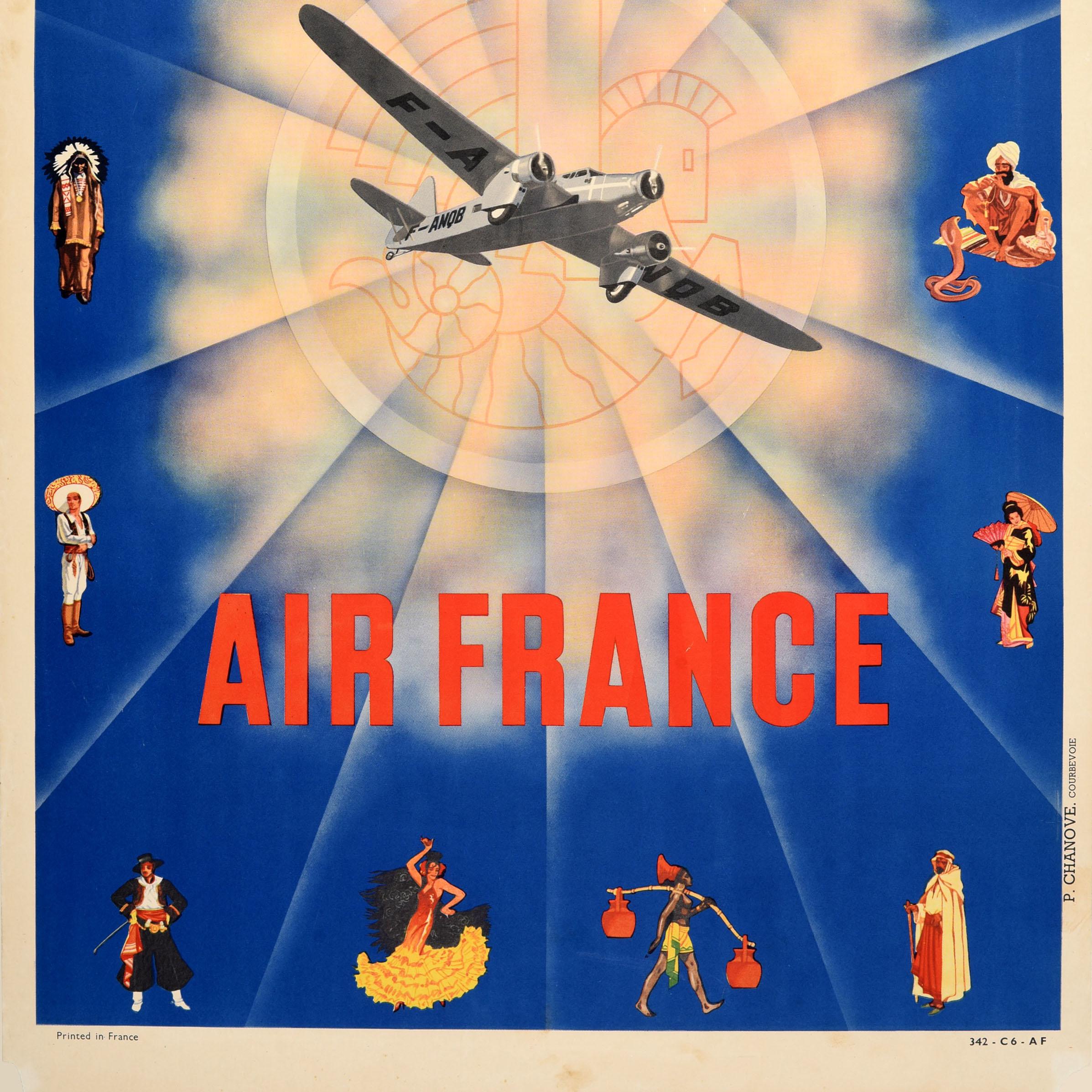 Original vintage travel advertising poster for Air France featuring a stunning Art Deco design with illustrations of people dressed in traditional costumes and national clothing from around the world - including a Spanish flamenco dancer, a Scottish