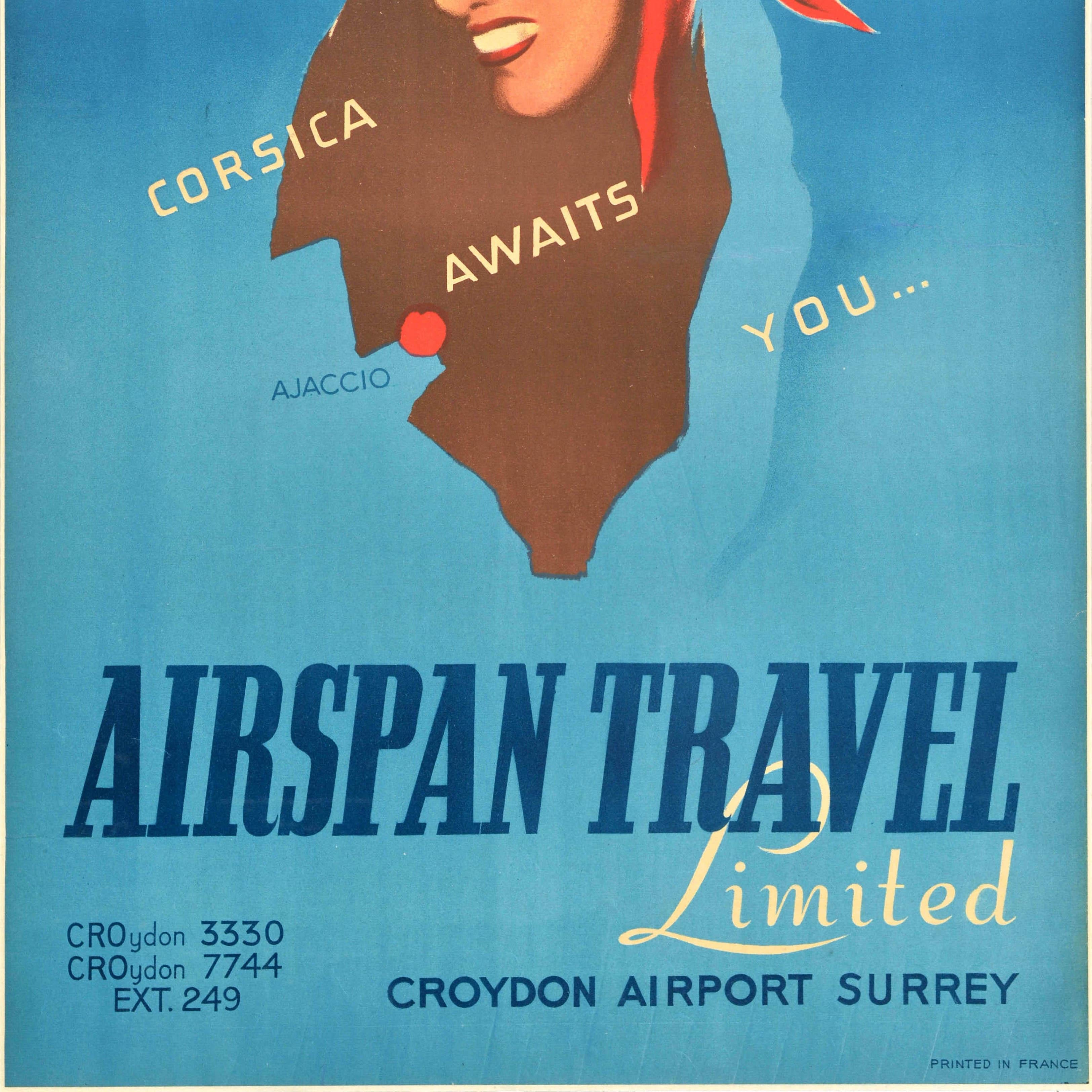 Original vintage travel advertising poster for Airspan Travel Limited Corsica Awaits You... featuring an image of a plane flying above a map of Corsica island with a smiling lady in a red headscarf and Ajaccio marked on the map set against a blue