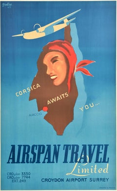 Original-Vintage-Reise-Werbeplakat Airspan, Reisen Corsica, „Awaits You“