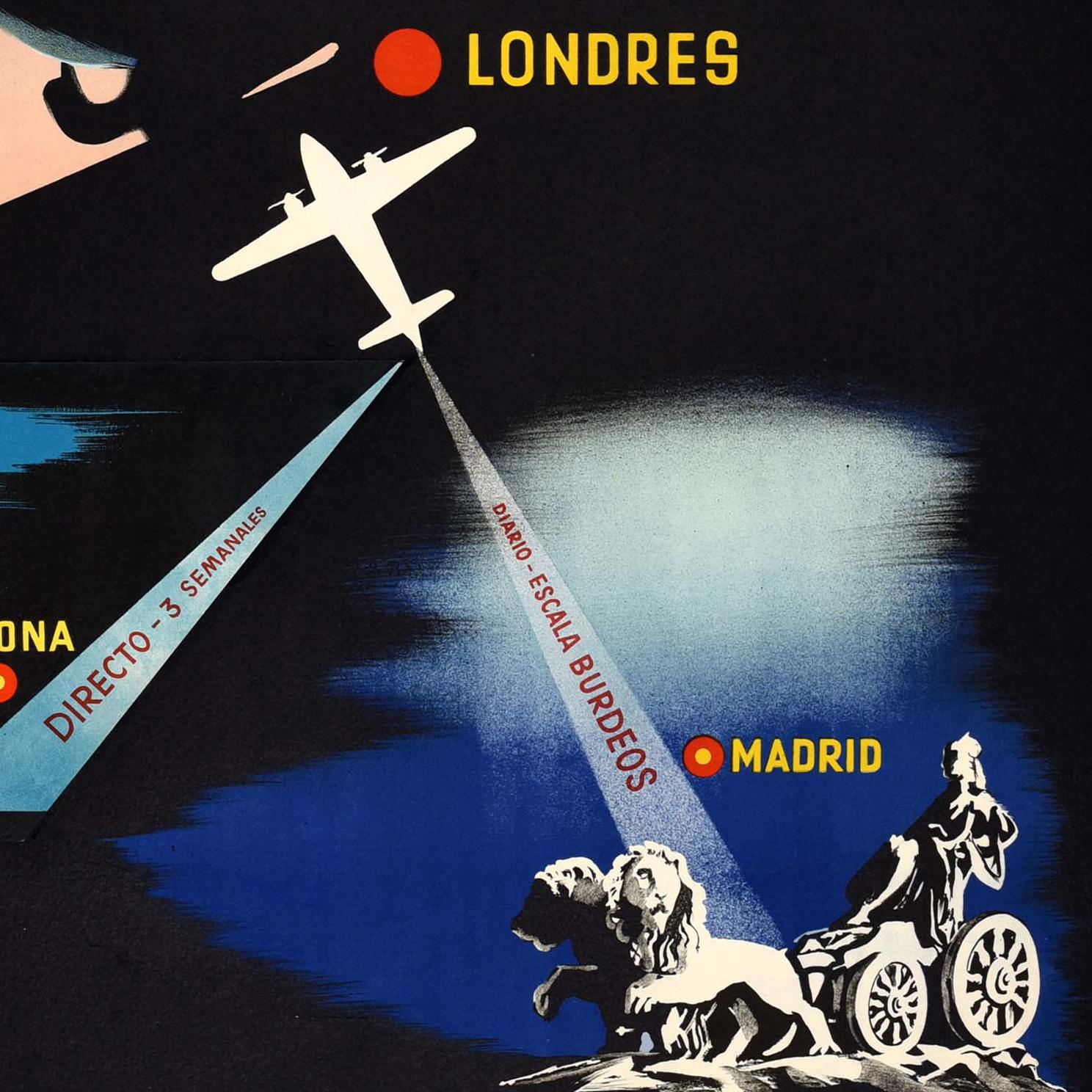 Original vintage travel advertising poster issued by BEA - Lineas Aereas Britanicas - featuring a stunning design showing a plane flying from Madrid in Spain to Londres / London in England marked with red dots and showing sculptures from the two