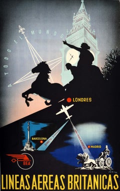 Original Vintage Travel Advertising Poster BEA Lineas Aereas Britanicas London