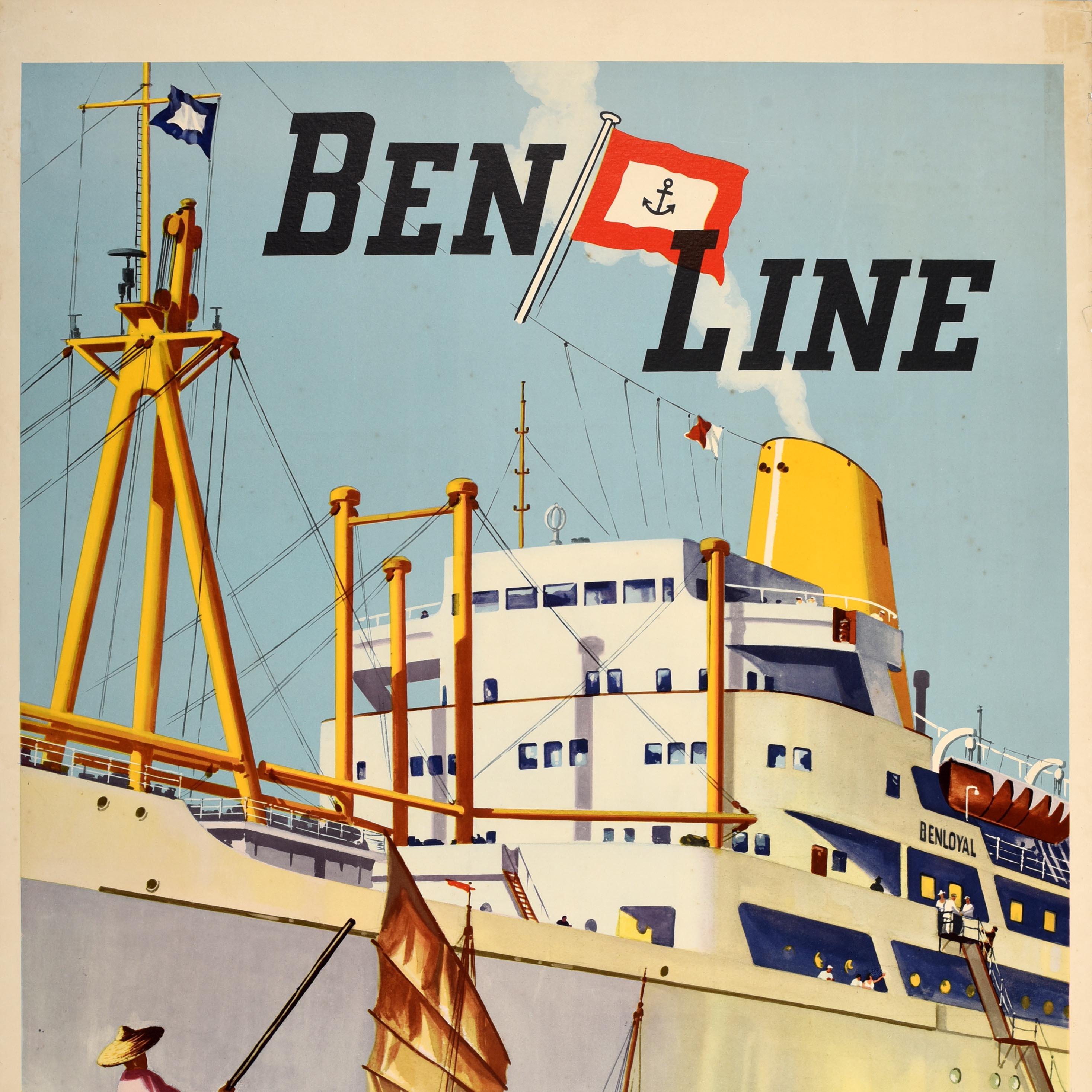 Original vintage travel advertising poster for Ben Line Cargo & Passenger Services Europe Far East featuring cruise passengers on the decks of a white steamship with a yellow funnel looking at smaller boats sailing towards them on the sea in the