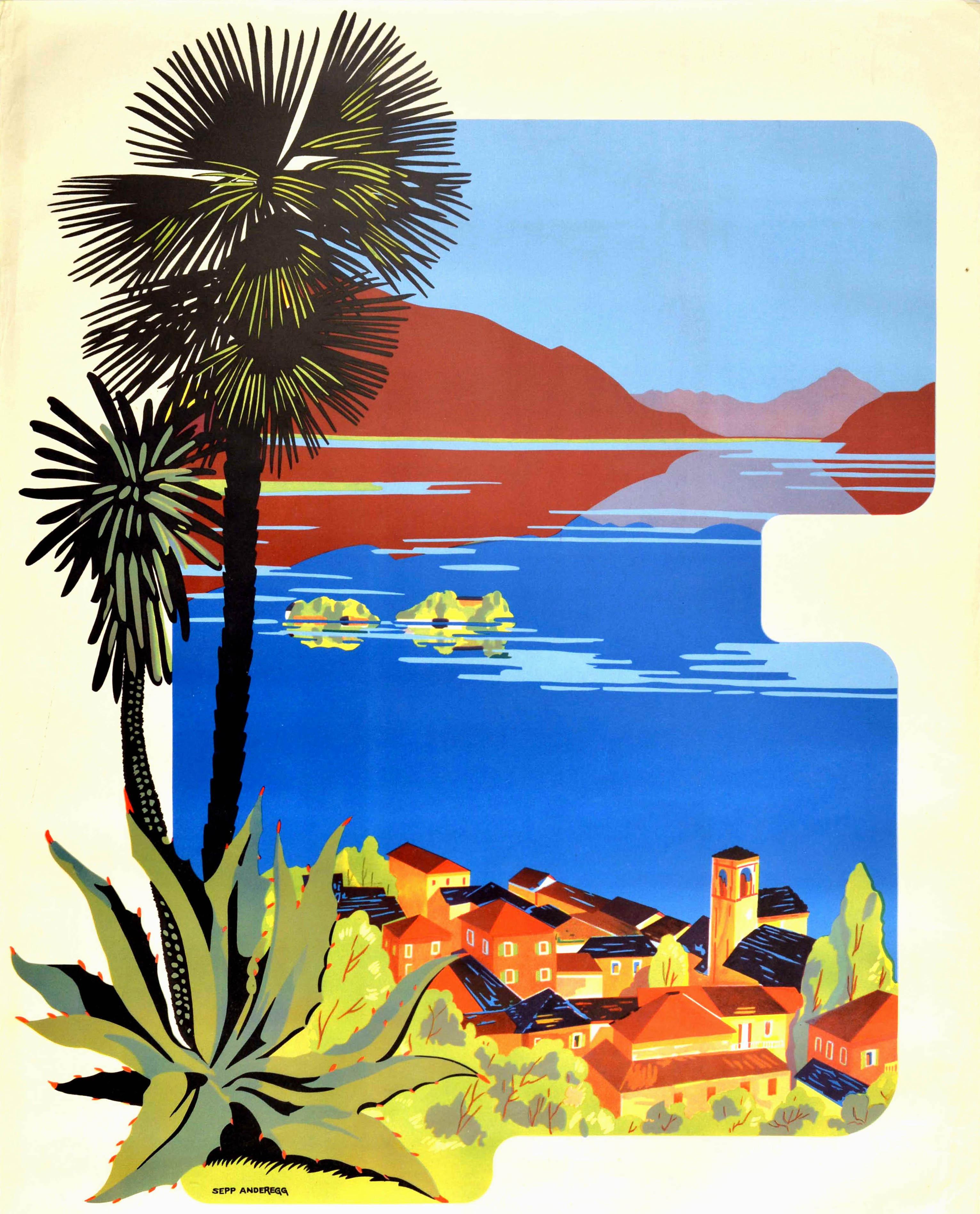 Poster pubblicitario di viaggio originale d'epoca Brissago Ticino Svizzera Anderegg - Print di Unknown