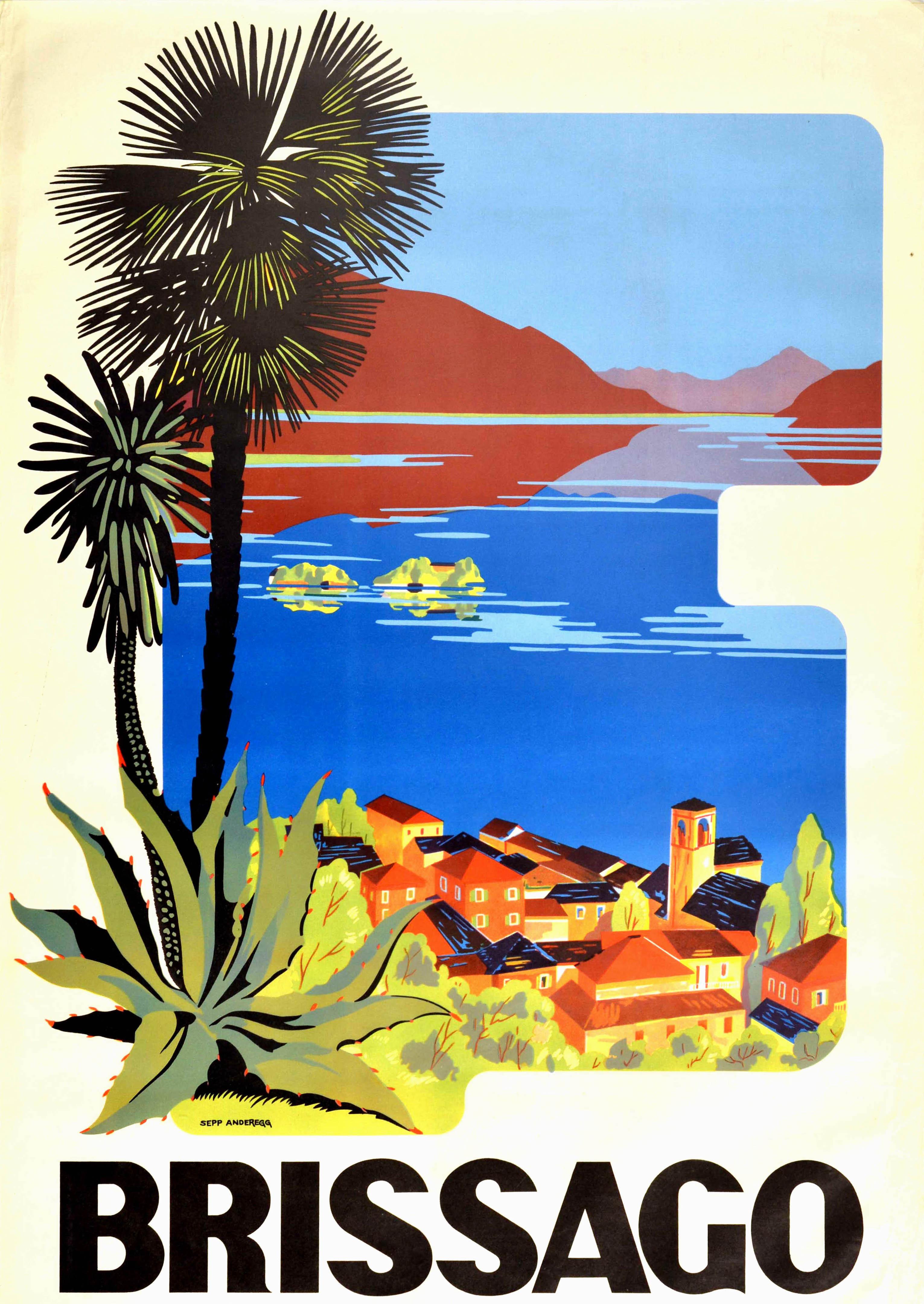 Poster pubblicitario di viaggio originale d'epoca Brissago Ticino Svizzera Anderegg - Print Beige di Unknown