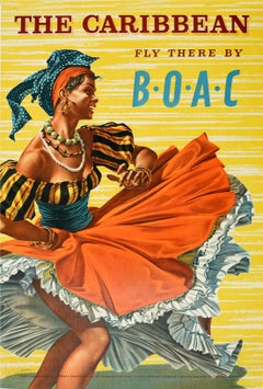 Affiche publicitaire originale de voyage vintage Caribbean BOAC Dance Airways Hayes