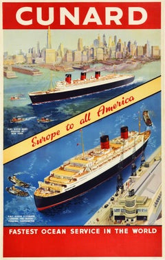 Original Retro Travel Advertising Poster Cunard Europe America New York Cruise