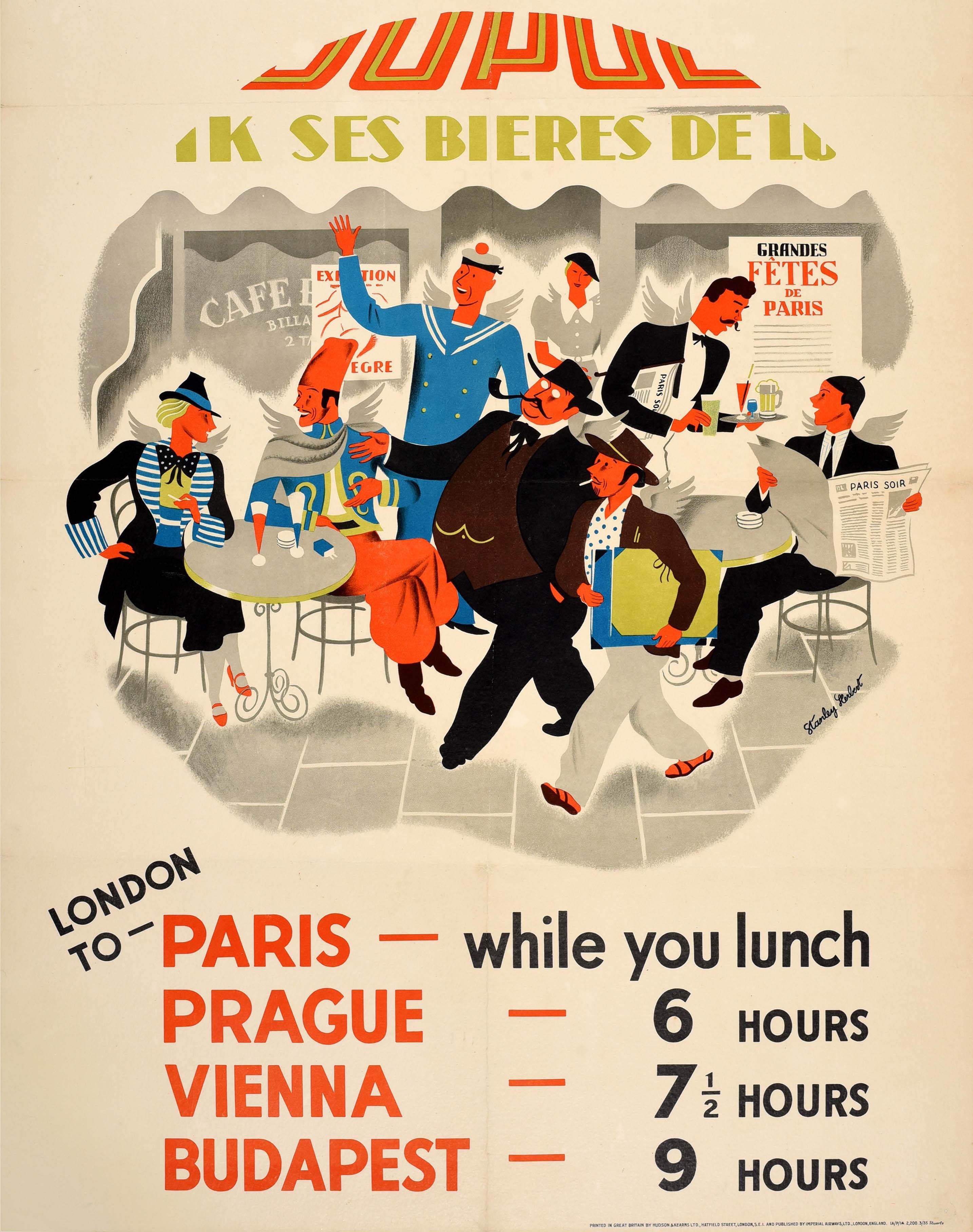 Original vintage travel advertising poster - Fly By Imperial Airways London to Paris while you lunch Prague 6 hours Vienna 7 1/2 hours Budapest 9 hours - featuring colourful artwork by the British commercial artist and poster designer Stanley