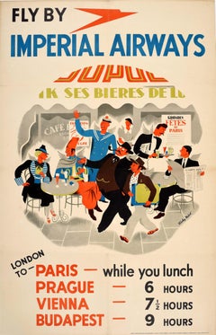 Original Vintage Travel Advertising Poster Fly By Imperial Airways Paris Prague