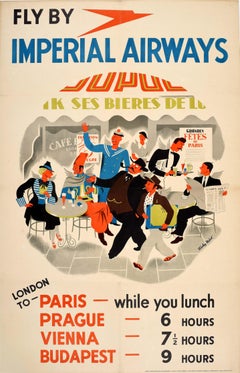 Affiche publicitaire originale de voyage Fly By Imperial Airways Paris Prague 