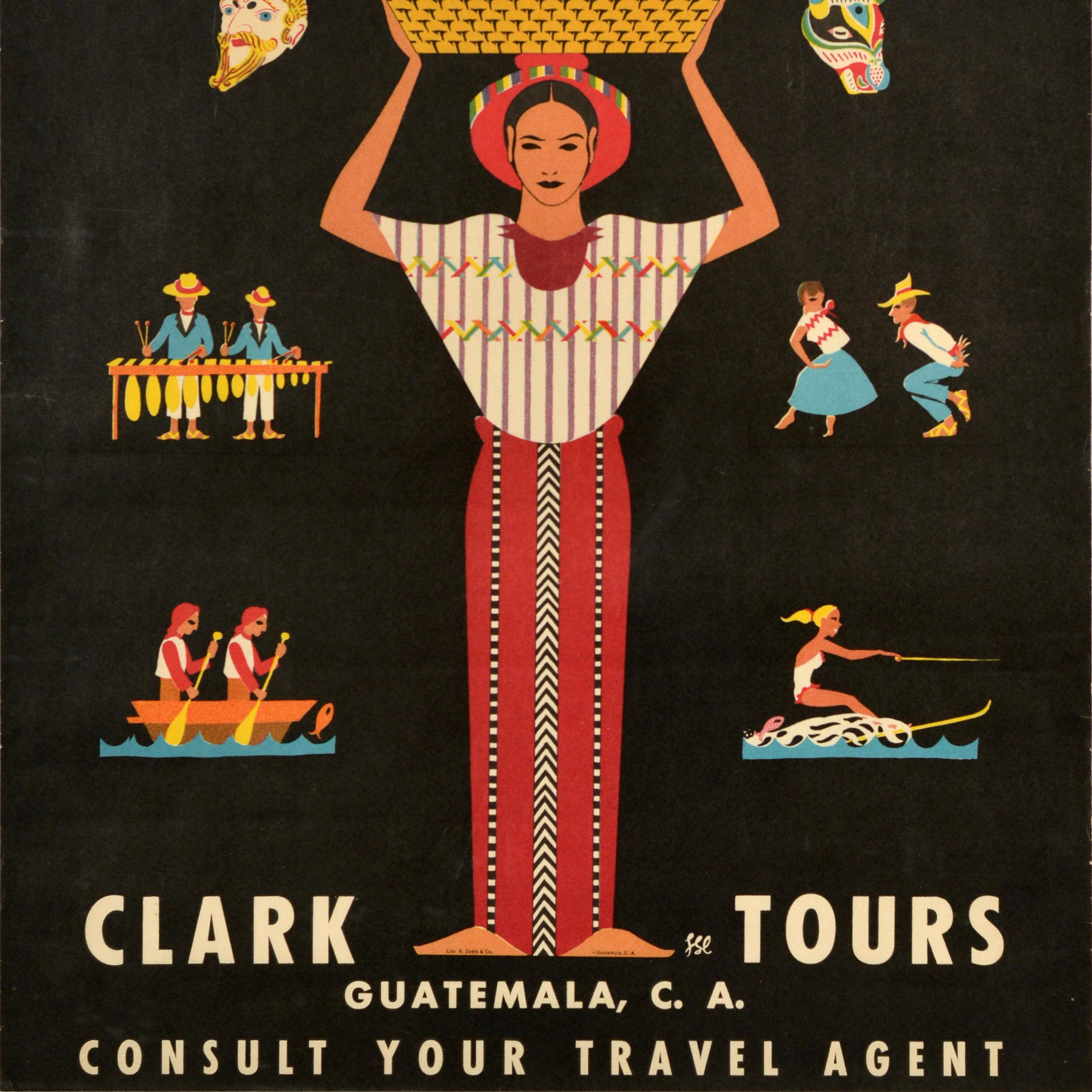 Original vintage travel advertising poster - Guatemala Clark Tours - featuring a colourful illustration of a lady carrying a basket of fruit on her hat surrounded by smaller images depicting people playing music and rowing a boat with a fish jumping