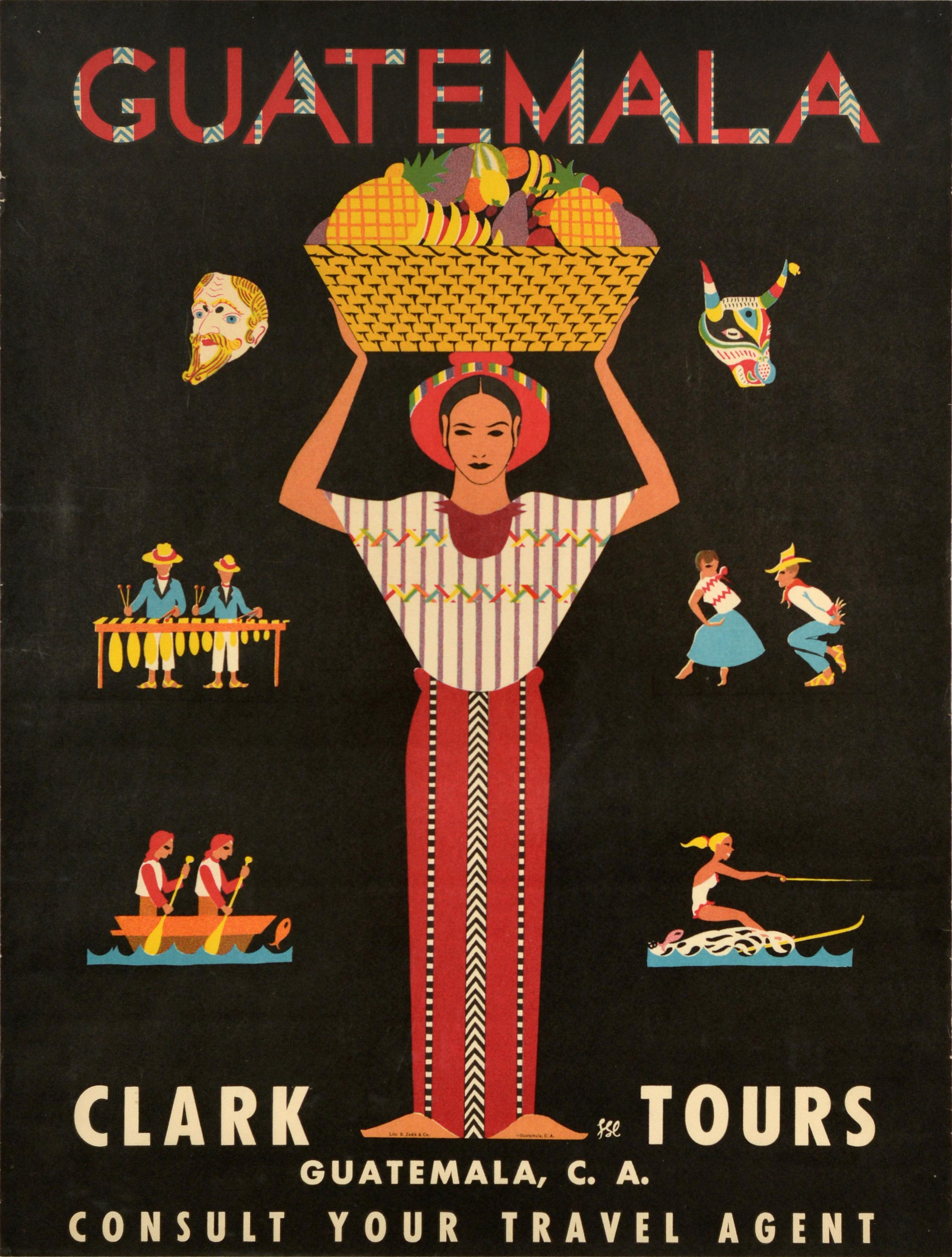 Unknown Print – Original-Vintage-Reise-Werbeplakat Guatemala Clark Tours, Kunst der Mitte des Jahrhunderts
