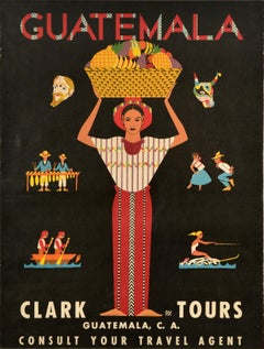 Original Vintage Travel Advertising Poster Guatemala Clark Tours Midcentury Art