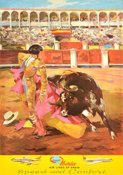 Poster pubblicitario originale d'epoca Iberia Air Lines della Spagna Corrida