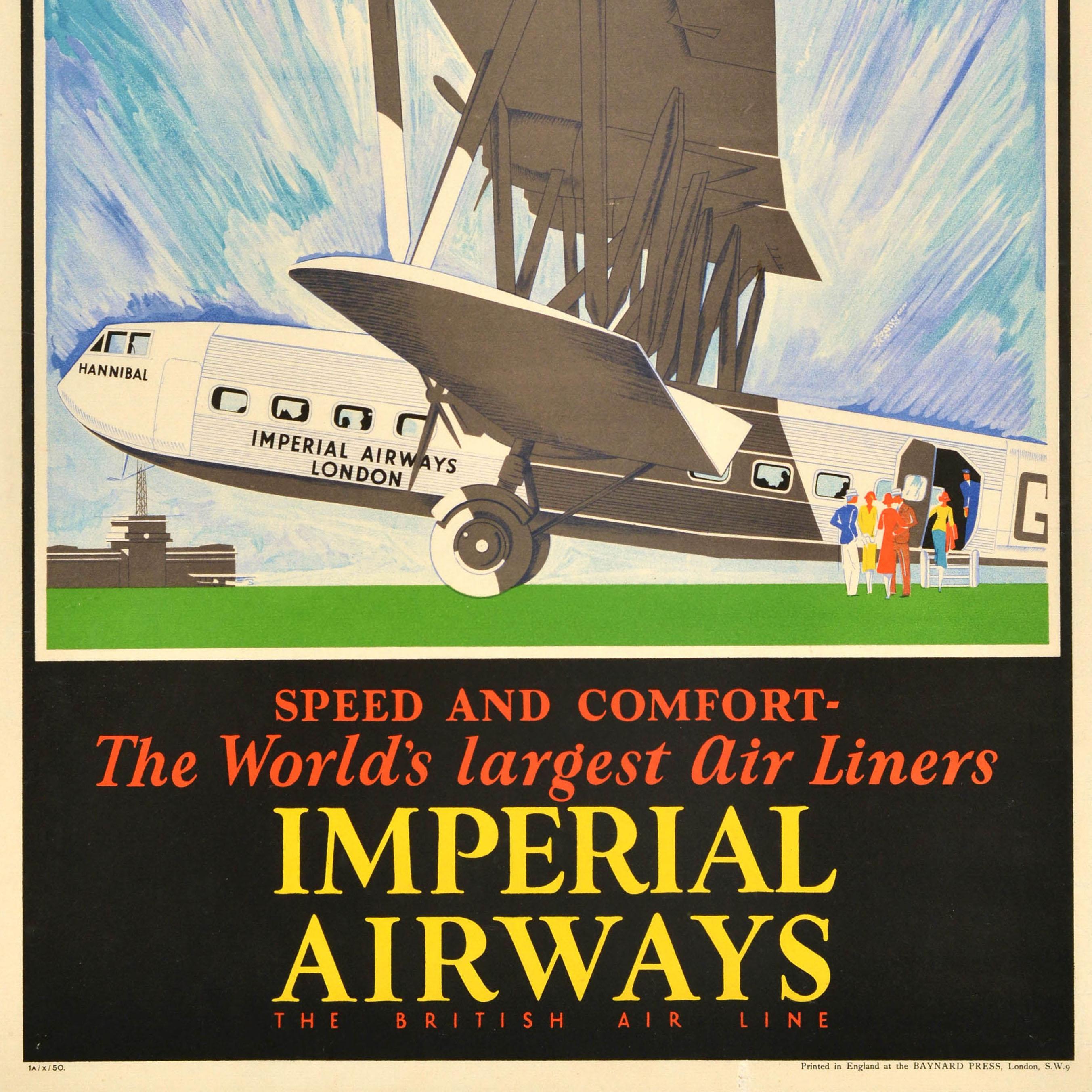 Original vintage travel advertising poster - Speed and Comfort The World's largest Air Liners Imperial Airways The British Air Line - featuring great artwork showing smartly dressed passengers chatting on the airfield with a lady boarding the