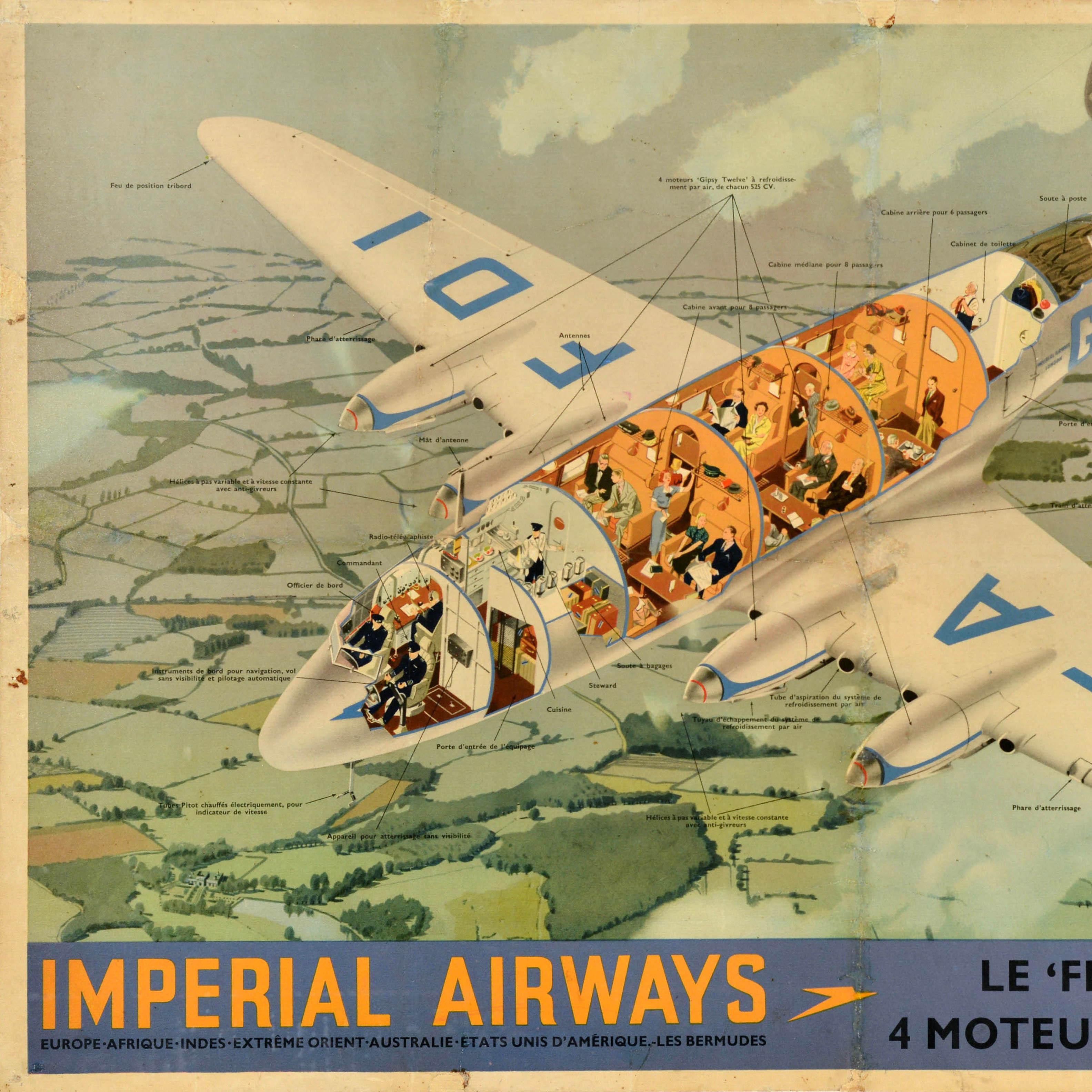 Original vintage travel advertising poster - Imperial Airways Le Frobisher Europe Afrique Indes Extreme Orient Australie Etats Unis d'Amerique Les Bermudes le plus rapide des avions de ligne Anglais 4 moteurs rapidite et confort / Britain's fastest