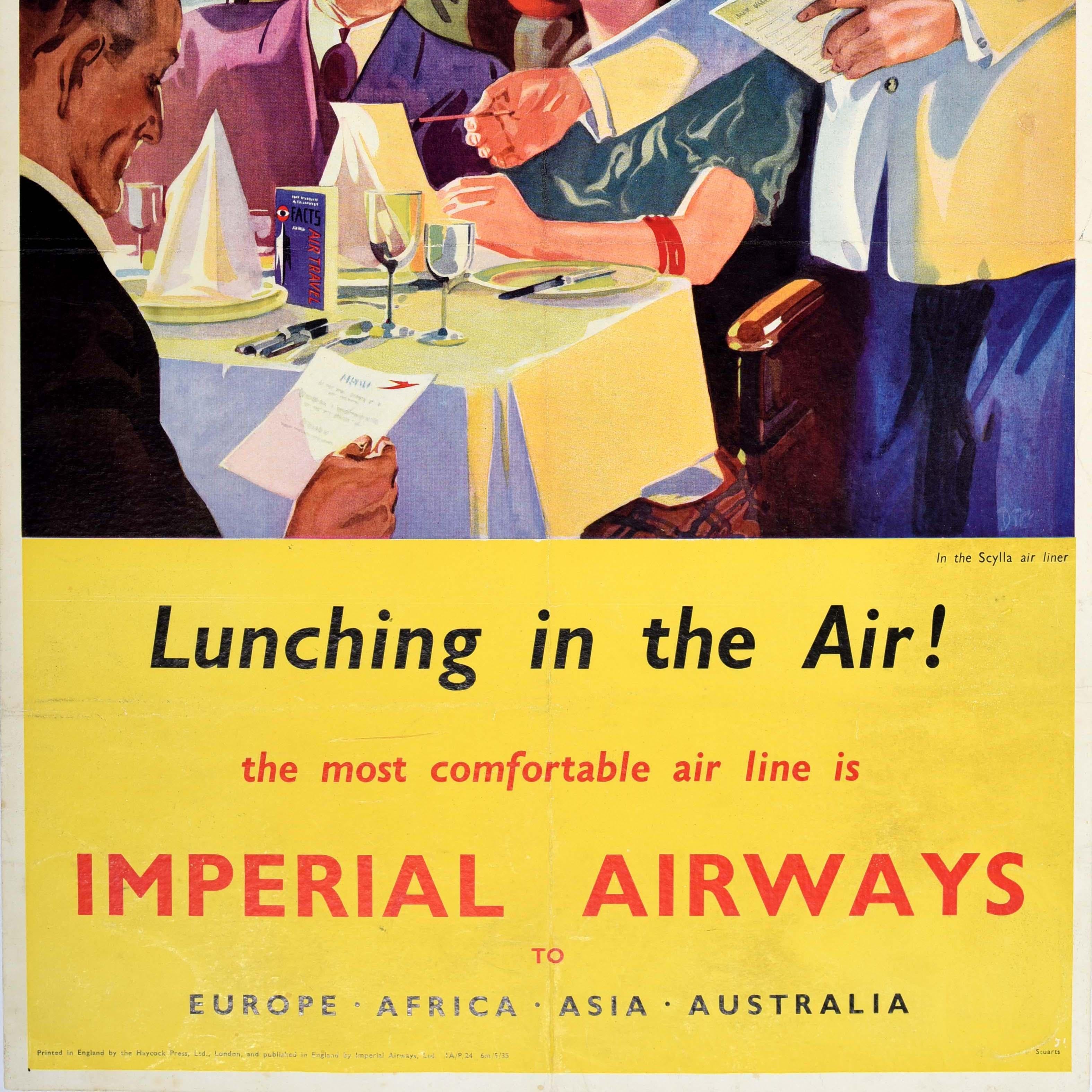 Original vintage travel advertising poster - Imperial Airways Lunching in the Air! The most comfortable air line is Imperial Airways to Europe Africa Asia Australia - featuring a flight attendant waiter taking an order from three smartly dressed