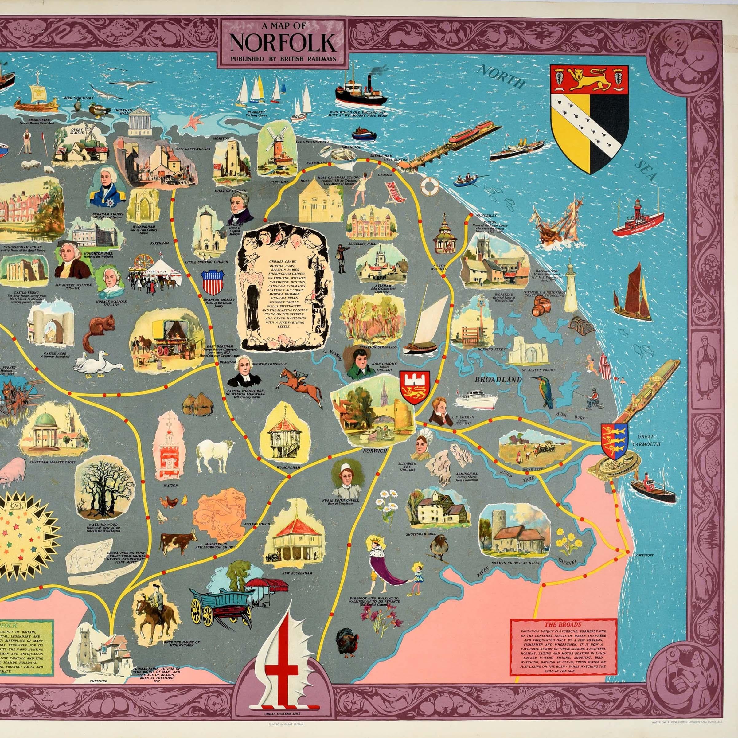 Poster pubblicitario d'epoca originale - A Map of Norfolk pubblicato da British Railways - con varie immagini storiche, sportive e culturali colorate e testi descrittivi, tra cui barche a vela, animali da fattoria, rovine e personaggi illustri con