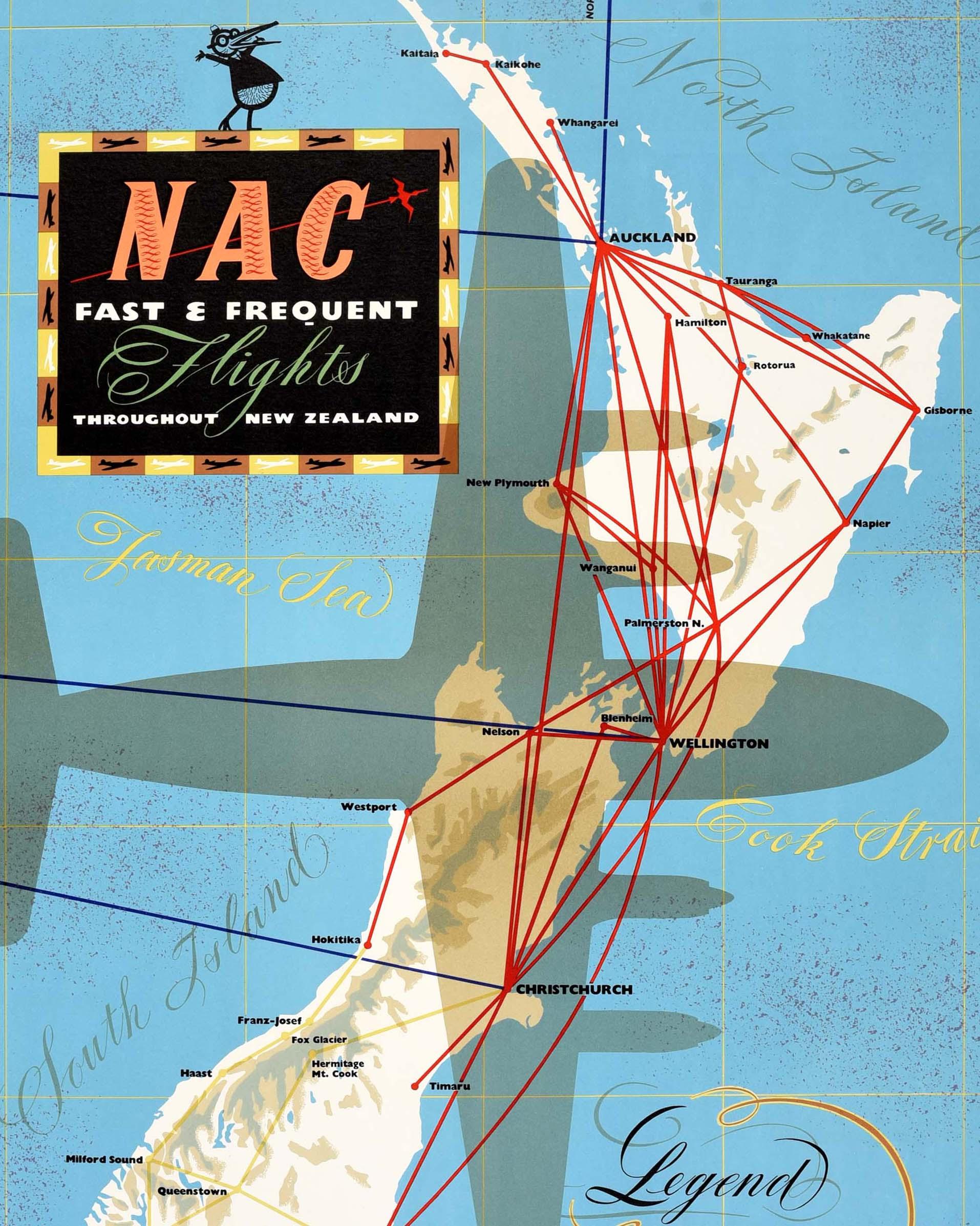 Original vintage travel advertising poster for New Zealand National Airways Corporation Flying's the way to travel - NAC Fast & Frequent Flights Throughout New Zealand - featuring the shadow of a plane over a route map of New Zealand marking the