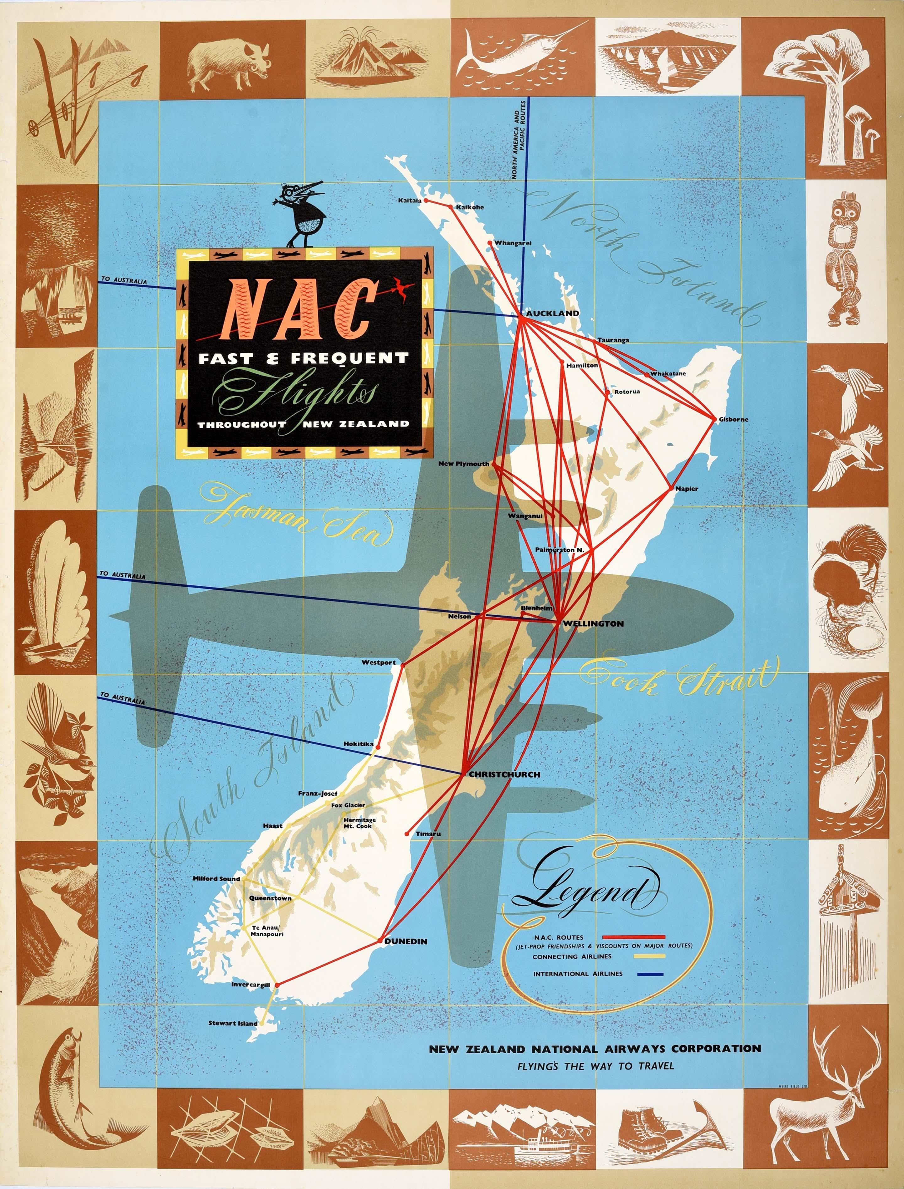 Unknown Print - Original Vintage Travel Advertising Poster NAC New Zealand Airways Airline Map