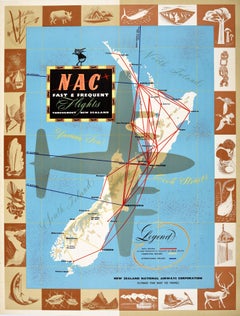 Affiche publicitaire originale de voyage NAC New Zealand Airways Airline Map