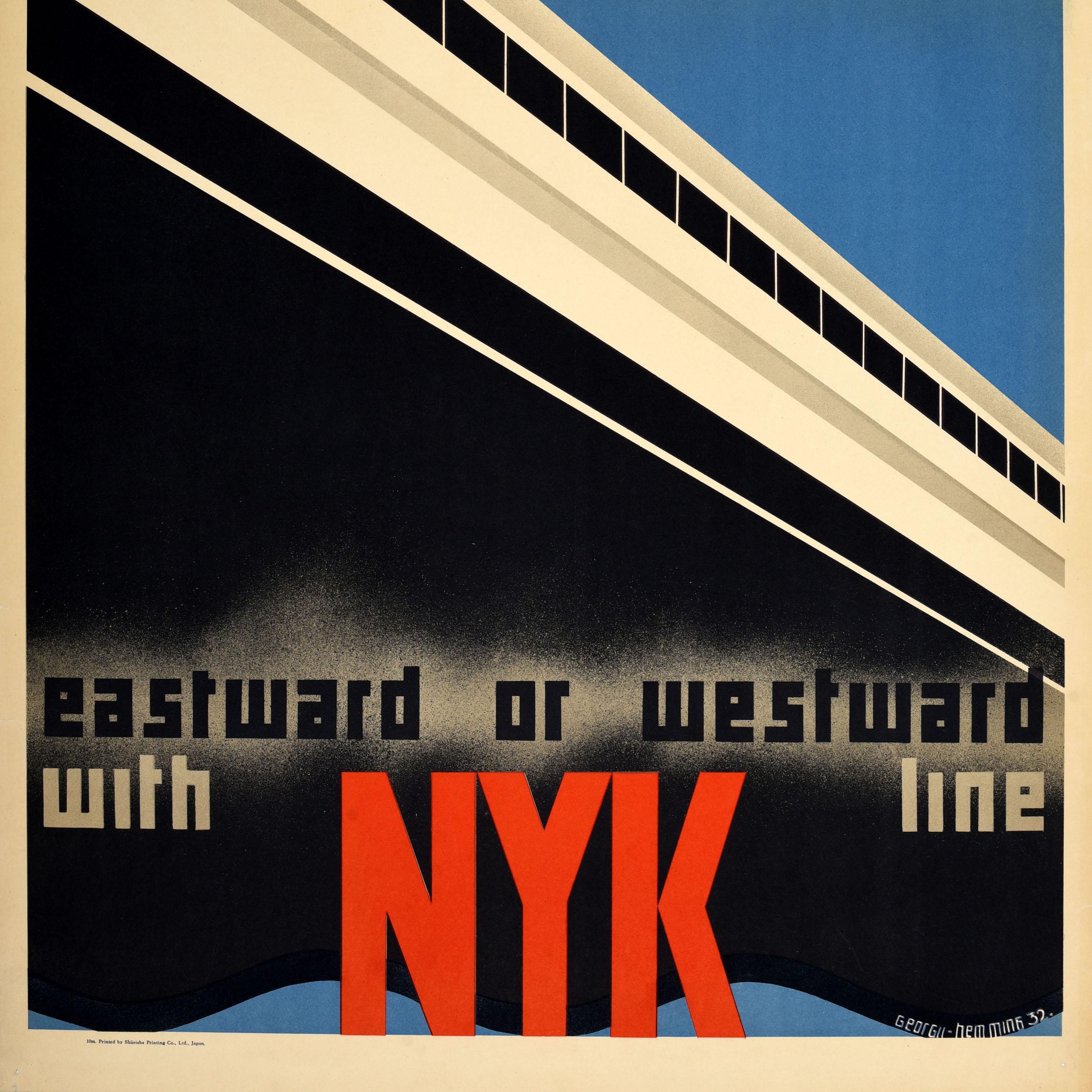 Original-Reisewerbeplakat - Around the World Eastward or Westward with NYK Line - mit einem atemberaubenden, stromlinienförmigen Art-déco-Design des schwedischen Künstlers Gosta Georgii Hemming (1910-1986), das einen Dampfer vor einem himmelblauen