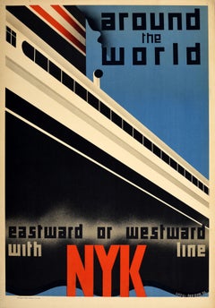 Affiche publicitaire originale de voyage NYK Line Around The World Art Deco