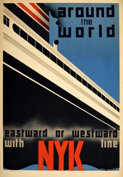Cartel publicitario de viajes original de época NYK Line Around The World Art Decó