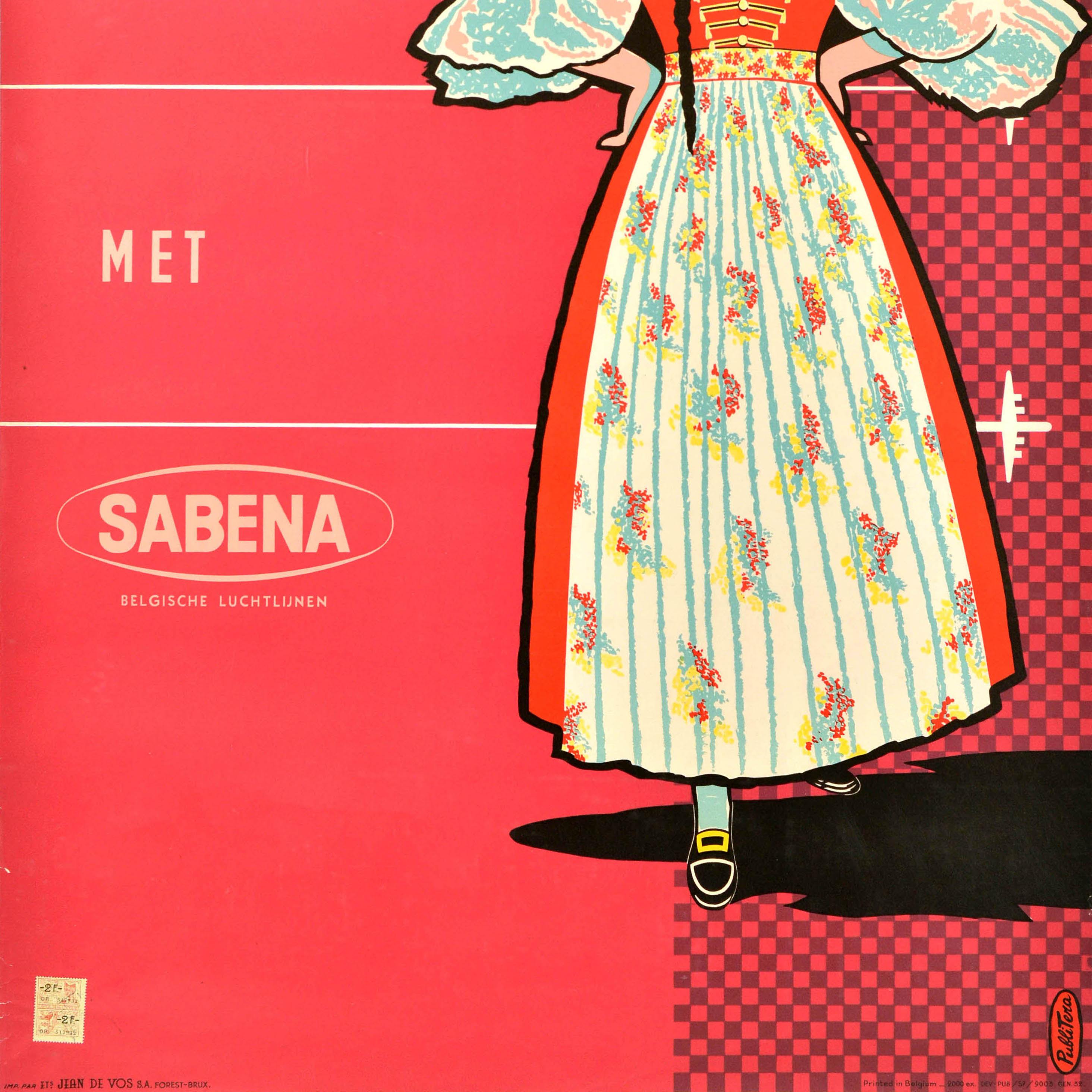 Original vintage travel advertising poster - Naar Polen met Sabena / To Poland by Sabena (the national airline of Belgium from 1923-2001), featuring a mid-century design showing a smiling lady in a traditional Polish dress set on a pink red