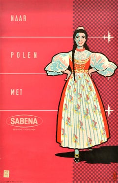 Affiche publicitaire vintage originale de voyage Pologne Sabena Compagnie aérienne belge Polen